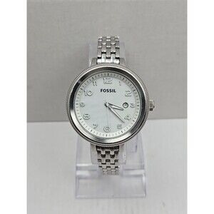 Fossil Bridgette AM4305 Womens Watch Silver Tone 42mm Date New Battery Sz. Small